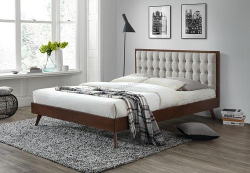 SOLOMO 160 halmar - małżeńskie drewniane łóżko podwójne z tapicerowanym zagłówkiem beżowy / orzech